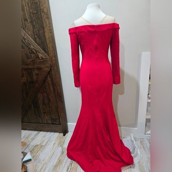 XSCAPE Illusion Long Sleeve Scuba Crepe Gown NWT size 10 Red - Picture 4 of 5